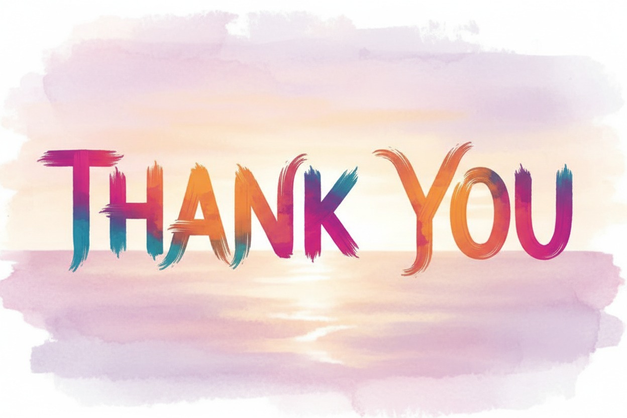 The words Thank You are written in a colorful, brush-stroke font over a pastel watercolor background of a sunset over the sea.