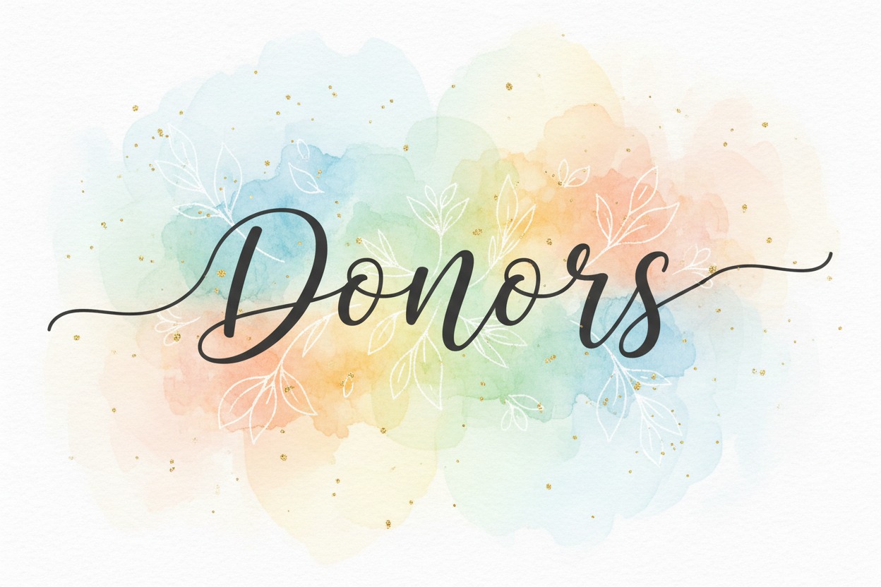The word Donors is written in black cursive script over a background of pastel watercolors and white line drawings of leaves.