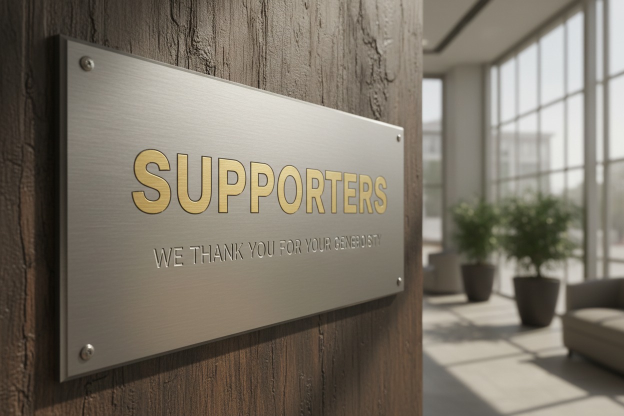 A metallic plaque mounted on a dark wooden wall reads "SUPPORTERS" and "WE THANK YOU FOR YOUR GENEROSITY."