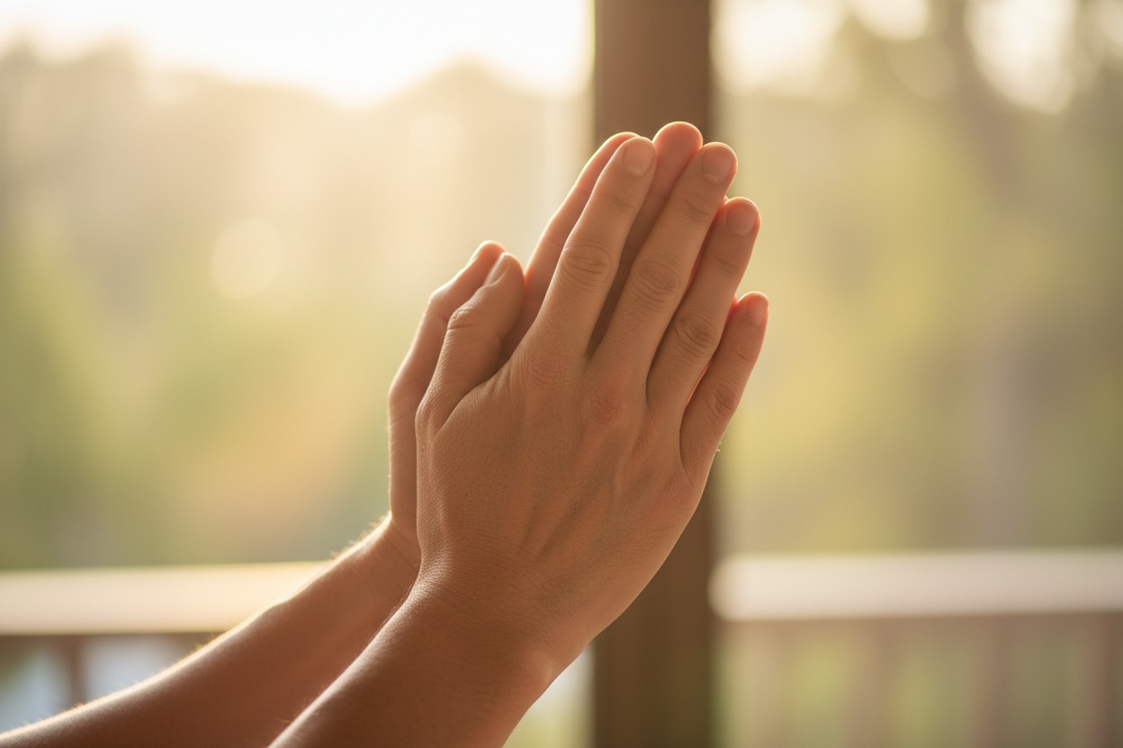 Close-up of a person's hands pressed together in prayer against a warm, sunlit background.